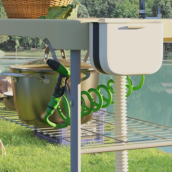 Outsunny Folding Fish Cleaning Table with Sinks, Portable Camping Sink Table with Faucet, Drainage Hose, Sprayer, Shelf, Drawer and Storage Basket, Outdoor Fillet Table for Picnic Beach Patio, Tan