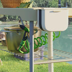 Outsunny Folding Fish Cleaning Table with Sinks, Portable Camping Sink Table with Faucet, Drainage Hose, Sprayer, Shelf, Drawer and Storage Basket, Outdoor Fillet Table for Picnic Beach Patio, Tan