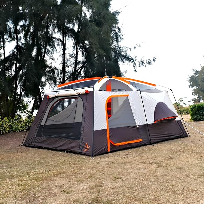 KTT Extra Large Tent 10-12-14 Person(A),Family Cabin Tents,2 Rooms,3 Doors and 3 Windows with Mesh,Straight Wall,Waterproof,Double Layer,Big Tent for Outdoor,Picnic,Camping,Family Gathering