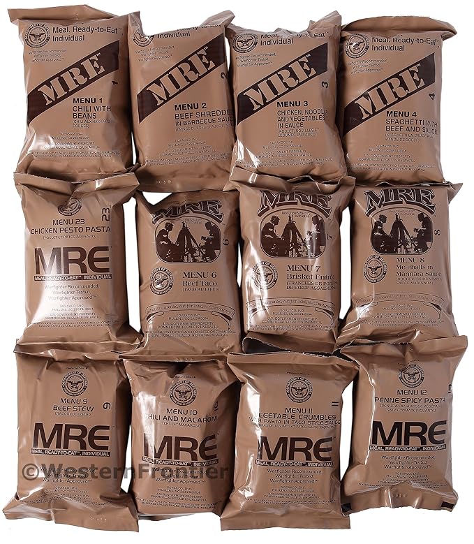 MRE A-Menu Case, 2018 Inspection Date Military Meal-Ready-to-Eat. Case of 12 Genuine US Military Surplus MREs with A Case Menu Selections.