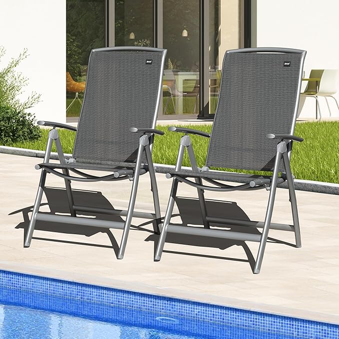 Domi Patio Folding Chairs Set of 2, Aluminium Frame Outdoor Reclining Patio Chairs for Garden Camping Poolside Beach Deck, Adjustable High Back Lawn Chairs with Textilene Fabric Seat, Dark Gray