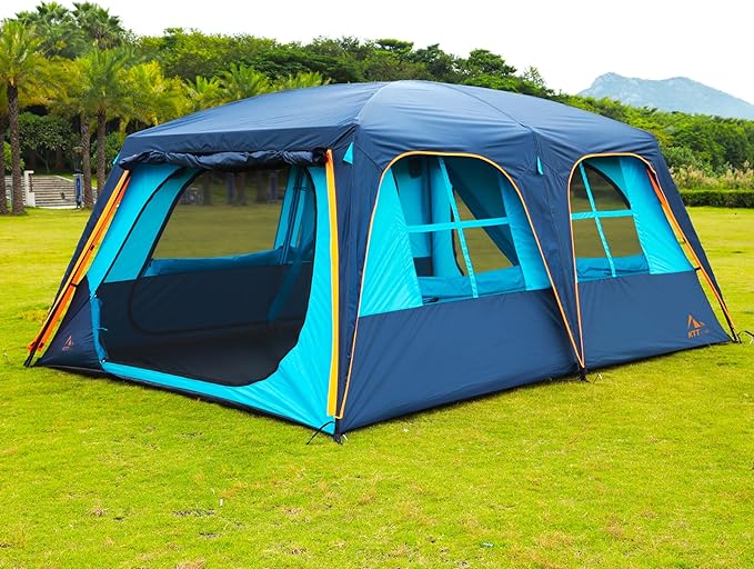 KTT Extra Large Tent 12 Person,Family Cabin Tents,Awning,2 Rooms,4 Doors and 4 Windows with Mesh,Straight Wall,Waterproof,Double Layer,Big Tent for Outdoor,Picnic,Camping,Family Gathering