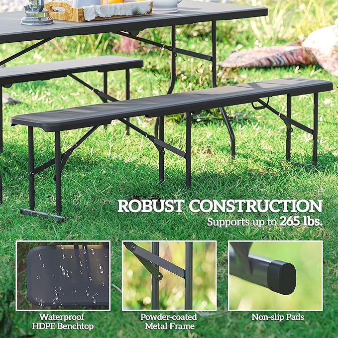 Outsunny 2-Pack 6 Ft. Plastic Folding Benches, Portable Foldable Bench Seats with Carrying Handle, Non-Slip Mat, HDPE Tabletop, Picnic Benches for Camping Dining Picnic BBQ Sports, Black