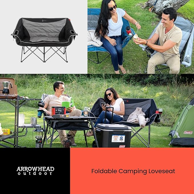 ARROWHEAD OUTDOOR 57" Wide Duo Foldable Heated Camping Loveseat Chair with 3-Stage Heating, Large Cup Holders, Glass Holders, Side Pockets, and Storage Pouches
