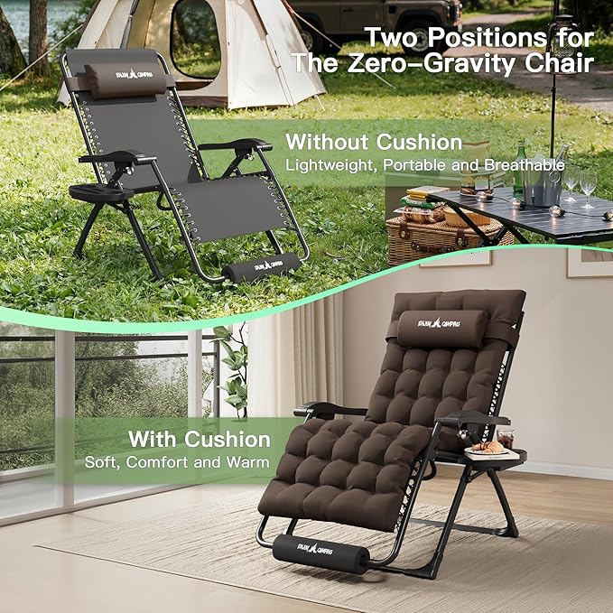 Amopatio Oversized Zero Gravity, 33in Reclining Camping Lounge Chair Upgraded Lock, Footrest, Cup Holder, Removable Cushion, Headrest Folding Patio Recliner