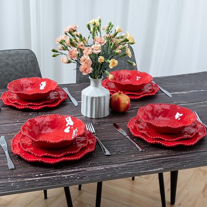 Christmas Red 18 Piece Beaded Melamine Dinnerware Sets, Service for 6, Lightweight Unbreakable, BPA Free With Scalloped rim Plates and Bowls Sets, Dishwasher Safe, Indoor and Outdoor Use