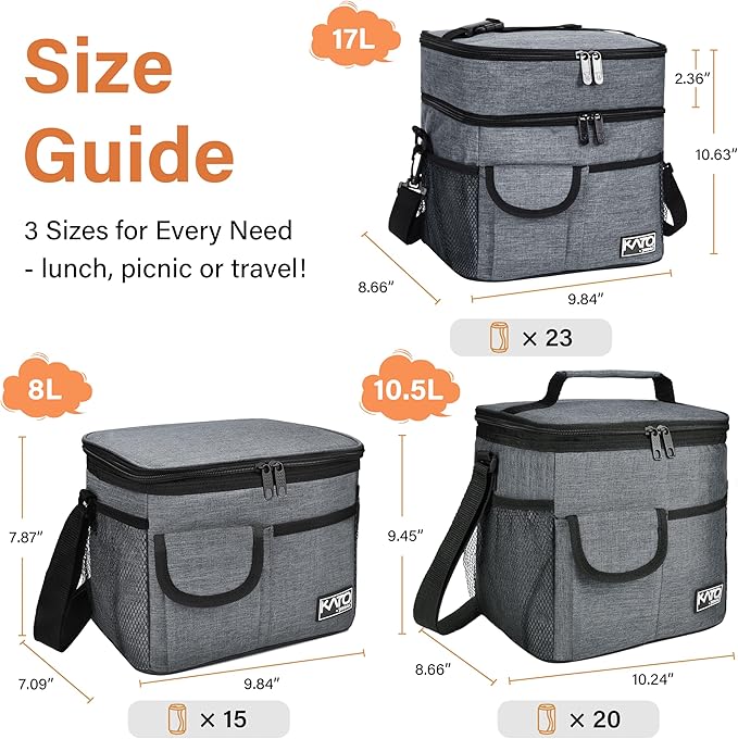 Tirrinia Insulated Large Lunch Bag for Women Men, Leakproof Lunch Box Containers for Adults, Work, School, Soft Lunchbox for Kids, Boys, Adult Cooler Bag for Picnic, Hiking,Beach,Charcoal