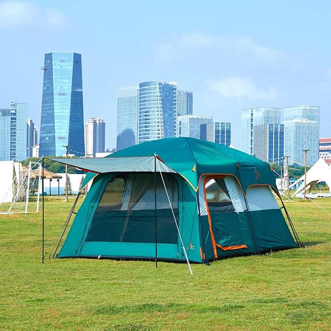 KTT Extra Large Tent 10-12-14 Person(Style-B),Family Cabin Tents,2 Rooms,3 Doors and 3 Windows with Mesh,Straight Wall,Waterproof,Double Layer,Big Tent for Outdoor,Picnic,Camping,Family Gathering