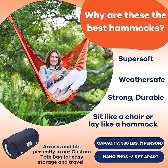 Handwoven Hanging Chair by Yellow Leaf Hammocks - Fits 1 Person, 330lb Max - Kick Back for Full-Body Recline - Weathersafe, Ultra Soft, Hang Anywhere - Color: Red- Orange