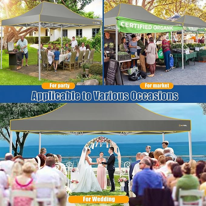 HOTEEL 10x15 Heavy Duty Pop up Canopy Tent for Parties Without Sidewalls, Easy Setup Outdoor Commercial Instant Gazebo for Wedding Event, with Roller Bag & Sand Bags, Grey(Hexagonal Frame)