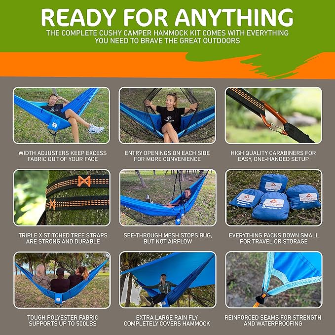 Premium Hammock with Rain Fly, Bug Net, Tree Straps, and Dry Bag - Complete Camping Hammock System with Mesh Bug Net - Outdoor Combo Kit with Rainfly Bundle for Backpacking…