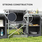 Outsunny Camping Kitchen Table, Portable Folding Camp Kitchen, Aluminum Cook Station with 3 Fabric Cupboards, Windshield, Carrying Bag for BBQ, RV, Picnic, Black