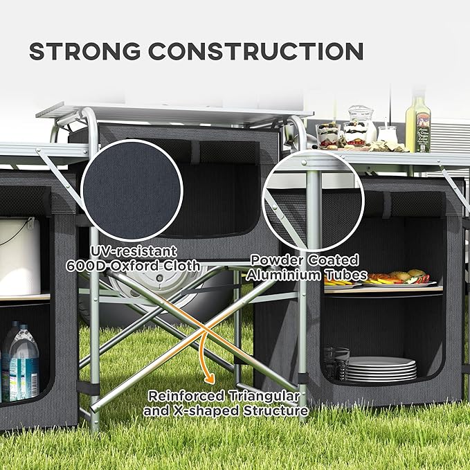 Outsunny Camping Kitchen Table, Portable Folding Camp Kitchen, Aluminum Cook Station with 3 Fabric Cupboards, Windshield, Carrying Bag for BBQ, RV, Picnic, Black