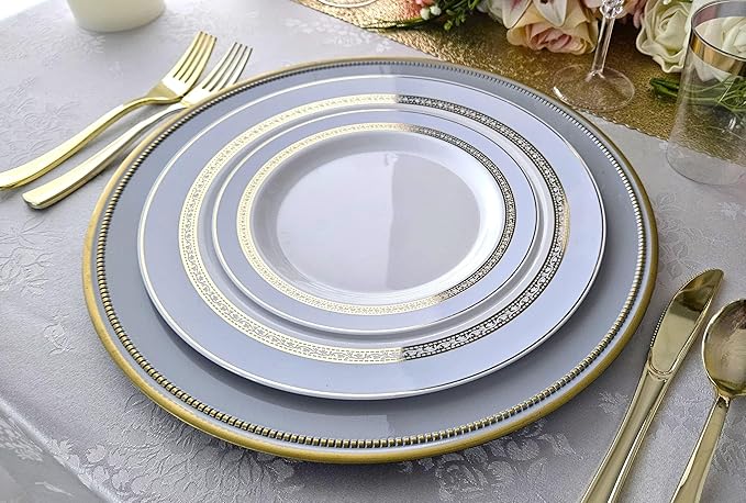 OCCASIONS 50 Blue Plastic Plates (25 Guests) - Heavyweight Disposable Set with Gold Rim - 25 x 10.5" Dinner + 25 x 7.5" Salad/Dessert for Weddings & Parties - Ritz Blue and Gold