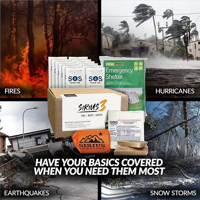 Sirius 3-72 Hour Survival Kit & Emergency Preparedness - Food, Water & Shelter for 72 Hours - 5 Year Shelf Life - Food & Water Rations