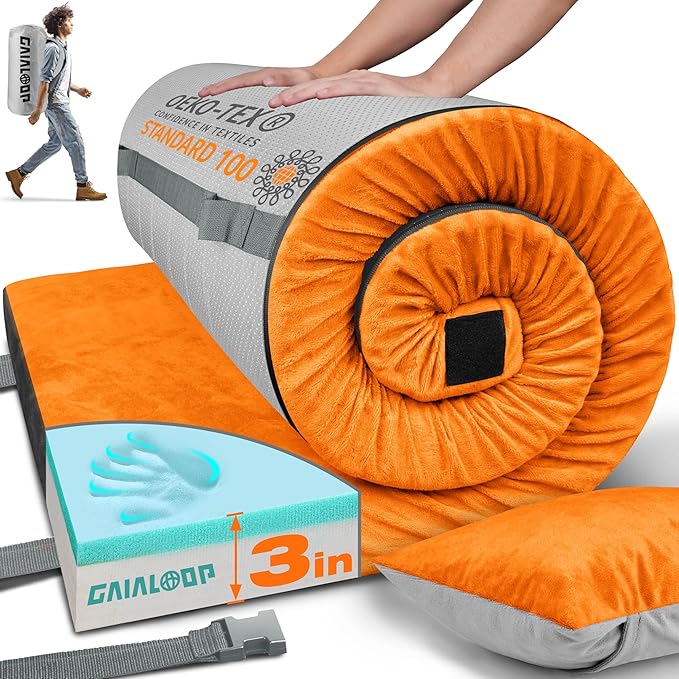 3 Inch Memory Foam Camping Mattress, Dual Layer Thick Sleeping Camp Pad for Car Tent Cot, Roll-Up Portable Glamping Floor Bed for Guests Sleepover