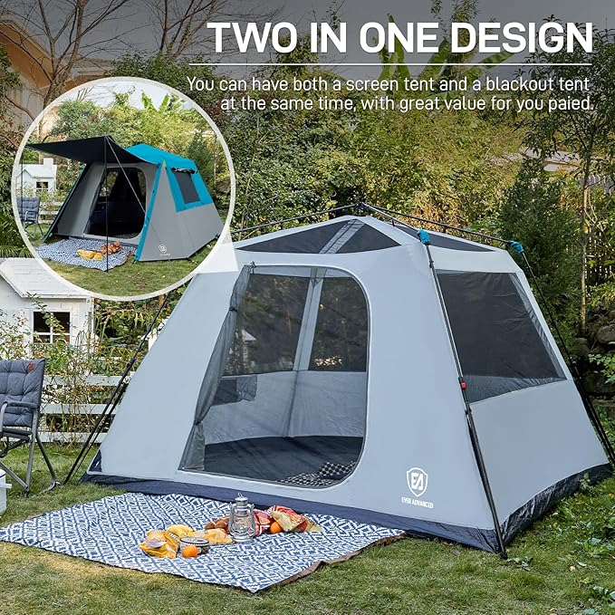 EVER ADVANCED Blackout Design 6 Person Camping Tent, Instant Cabin Tent for Family with Vestibule and Large Mesh Windows, 60s Easy Setup, Double Layer, Water-Resistant