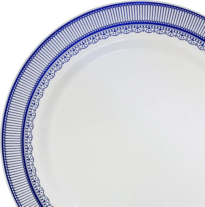 OCCASIONS 240 Plates Pack,(120 Guests) Heavyweight Premium Wedding Party Disposable Plastic Plates Set -120 x 10.5'' Dinner + 120 x 7.5'' Salad/Dessert (Louvre in Metallic Blue)