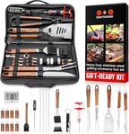 SpartaSake Premium Stainless Steel BBQ Grilling Accessories with Wood Handles - Barbecue Gill Accessories Set for Blackstone Griddle - Outdoor Camping Grill Set for BBQ for Dad Men Women (24-Pack)
