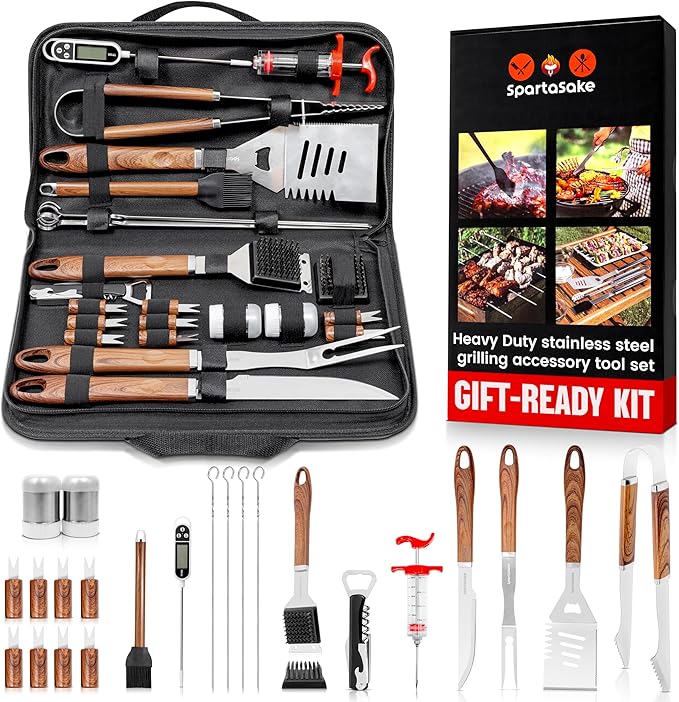 SpartaSake Premium Stainless Steel BBQ Grilling Accessories with Wood Handles - Barbecue Gill Accessories Set for Blackstone Griddle - Outdoor Camping Grill Set for BBQ for Dad Men Women (24-Pack)