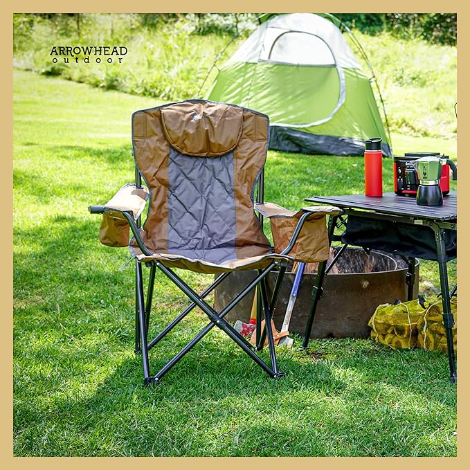 ARROWHEAD OUTDOOR 2-Pack Portable Deluxe Folding Camp Quad Chair w/Headrest, Glass & Cup Holders, Armest 6-can Cooler, Heavy Duty Carry Bag, 550 lbs Weight Capacity