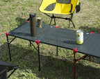 iClimb Extendable Folding Table Large Tabletop Area Ultralight Compact with Hollow Out Tabletop for Camping Backpacking Beach Concert BBQ Party, Three Size (Black - L + Hanger)