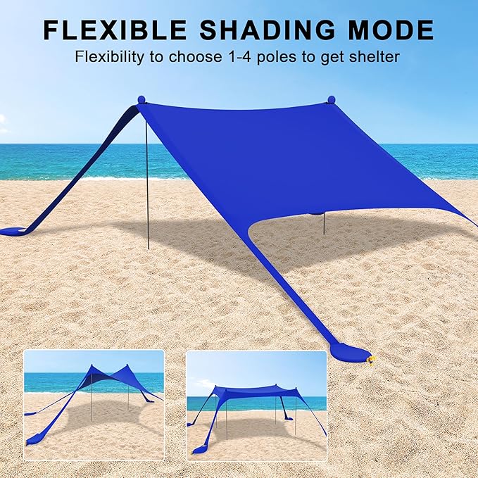 ihuan Beach Tent Sun Shelter 10X10FT UPF50+ with 4 Aluminum Foldable Poles, Easy Setup Outdoor Shade Canopy for 8 Person, Camping Sun Shelter for Fishing, Family Trips, Backyard Picnics