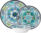Talavera Melamine 12-Piece Dinnerware Set – Multicolored Plates and Bowls for 4, Spanish Tile-Inspired, Durable, Lightweight, Shatterproof, Dishwasher Safe, Indoor Outdoor Tableware