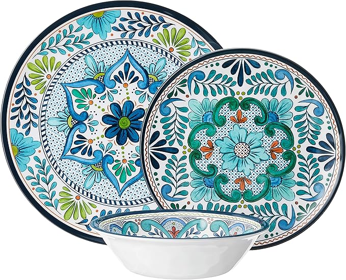 Talavera Melamine 12-Piece Dinnerware Set – Multicolored Plates and Bowls for 4, Spanish Tile-Inspired, Durable, Lightweight, Shatterproof, Dishwasher Safe, Indoor Outdoor Tableware