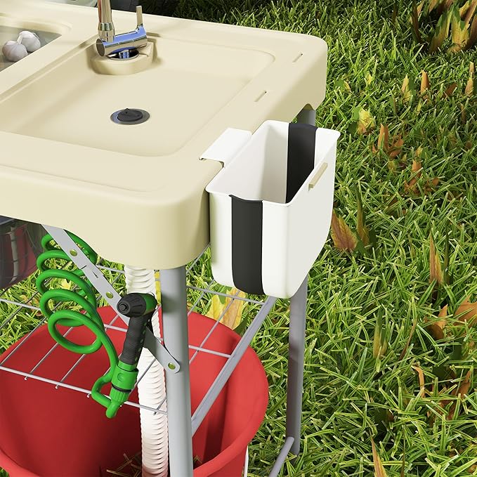 Outsunny Folding Fish Cleaning Table with Sinks, Portable Camping Sink Table with Faucet, Drainage Hose, Sprayer, Shelf, Drawer and Storage Basket, Outdoor Fillet Table for Picnic Beach Patio, Tan