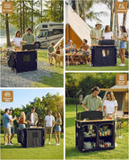 KingCamp Bamboo Camp Kitchen Station, Folding Overland Camping Kitchen Table Hooks Portable Outdoor Cooking with Adjustable Lantern Pole & Windshield Storage Organizer for Tailgating BBQ Picnic RV