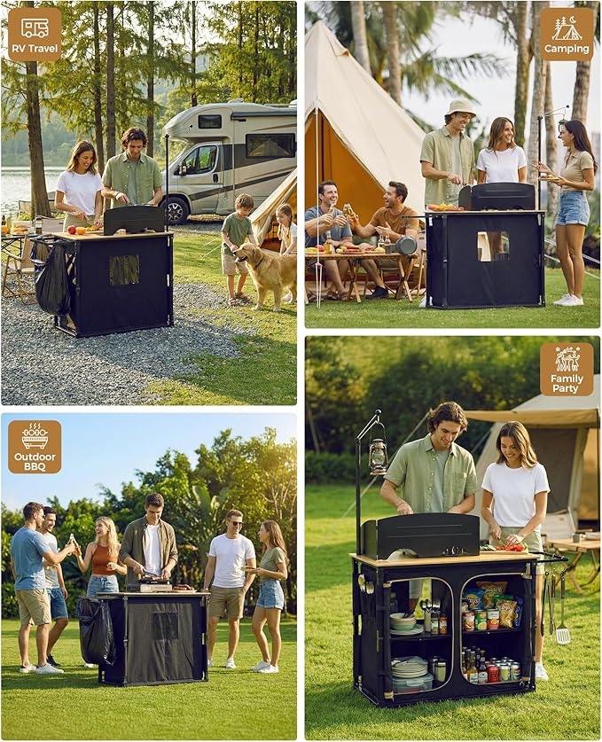 KingCamp Bamboo Camp Kitchen Station, Folding Overland Camping Kitchen Table Hooks Portable Outdoor Cooking with Adjustable Lantern Pole & Windshield Storage Organizer for Tailgating BBQ Picnic RV