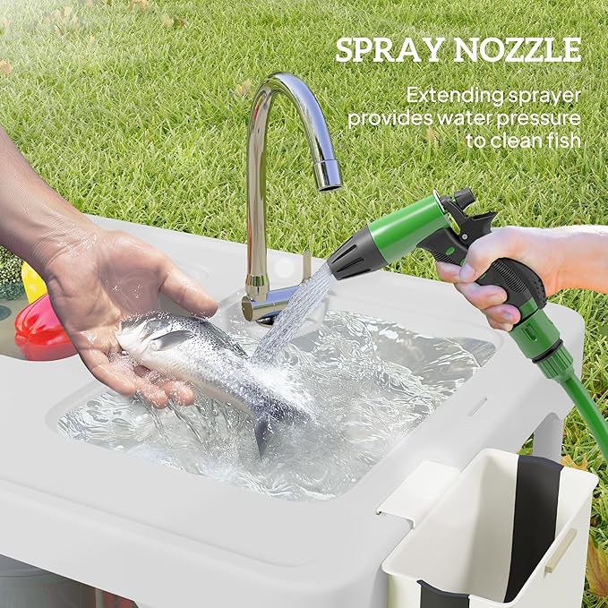Outsunny Folding Fish Cleaning Table with Sinks, Portable Camping Sink Table with Faucet, Drainage Hose, Sprayer, Shelf, Drawer and Storage Basket, Outdoor Fillet Table for Picnic Beach Patio, White