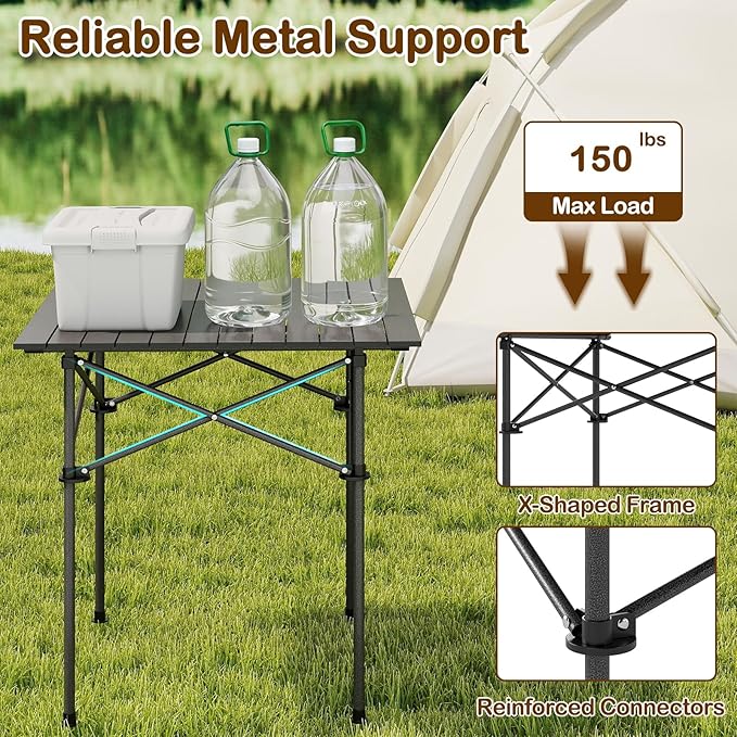Giantex Folding Roll-up Camping Table, Outdoor Lightweight Aluminium Table for 4, Portable Square Table with Carry Bag for Picnic, Hiking, BBQ, Beach, Tailgating (28"x28"x27.5",Black)