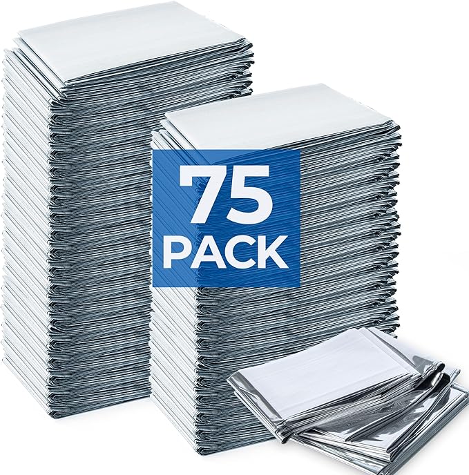 Emergency Blanket 75 Pack, 84" L x 52" W, Bulk Supply for Homeless Outreach, Mylar Blankets Retain 90% Body Heat, Perfect for Building Winter Survival Kits & Community Care Packages