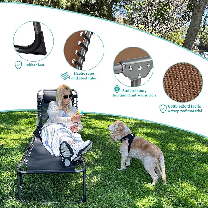 #WEJOY Folding Lounge Chair Outdoor, 5-Position Adjustable Sunbathing Tanning Chair with Shoulder Strap & Side Pocket, Heavy Duty Reclining Chair for Patio Pool Camping, Portable Folding Bed Cot Khaki