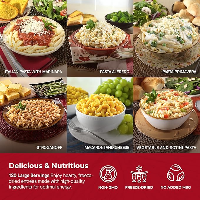 Legacy Food Storage 120 Serving Emergency Food Supply Bucket, 15 Entrees, 45,720 Total Calories, Shelf Stable Lunch & Dinner, Freeze Dried Survival Meals for MRE Camping, Hiking, Prepping