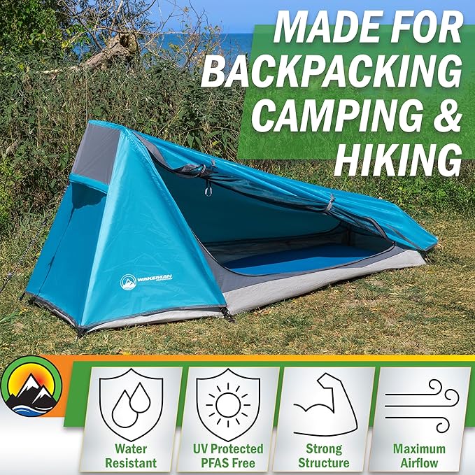 Single Person Tent - 1 Person Camping Tent with Rainfly and Carrying Bag - Lightweight Outdoor Bivy Bag Shelter for Backpacking, Hiking, or Camping Essentials by Wakeman Outdoors (Blue)