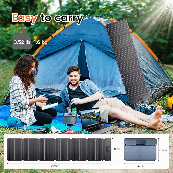 54W Portable Solar Panel, Foldable Solar Panel Charger with 20.5V (DC+USB C) & 12V USB A Output, IP67 Waterproof Emergency Power Camping, Suitable for Small Generators, Phones, PCs,Power Bank
