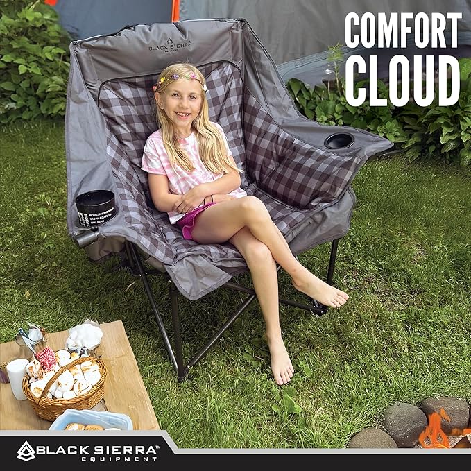 Black Sierra Oversized Camping Chair for Adults – 400 lb Heavy Duty Folding Chair with Cup Holders & Carry Bag