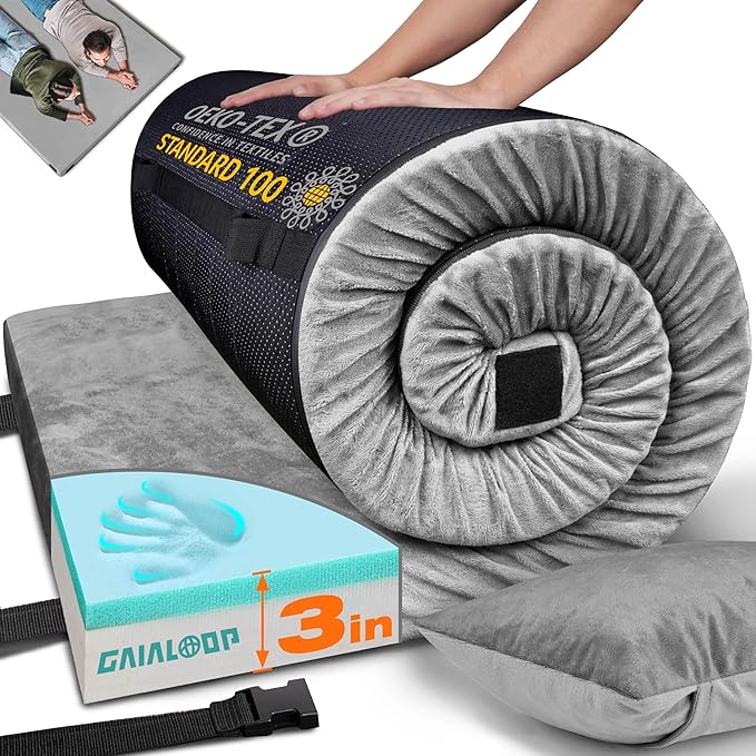 3 Inch Memory Foam Camping Mattress, Dual Layer Thick Sleeping Camp Pad for Car Tent Cot, Roll-Up Portable Glamping Floor Bed for Guests Sleepover