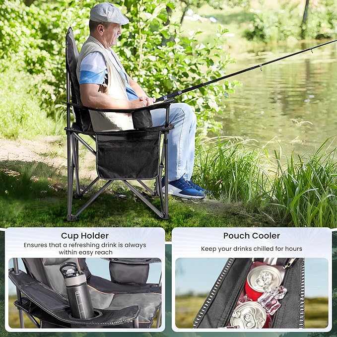 Oversized Camping Chair Heavy Duty- Portable Folding Chair, Cup Holder & Waterproof Phone Case for Adults, Beach, Hiking, Backyard (Black & Gray, 1 PCS)
