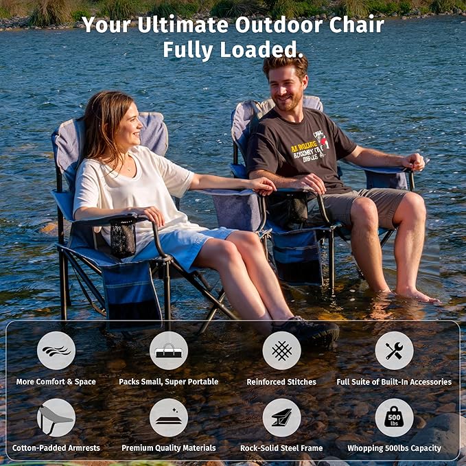 East Oak Oversized Camping Chair | Heavy Duty Camping Chairs | 500LBS Support, 600D Oxford, Cup Holder & Side Pocket | Ideal for Camping, Beach, Sports Events| Blue&Grey