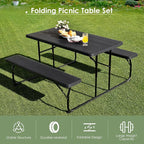 Folding Picnic Table and Bench Set w/Wood Grain for Adults, Indoor & Outdoor Steel Frame Collapsible Camping Table for BBQ, Parties, Camping and Picnic (Black)