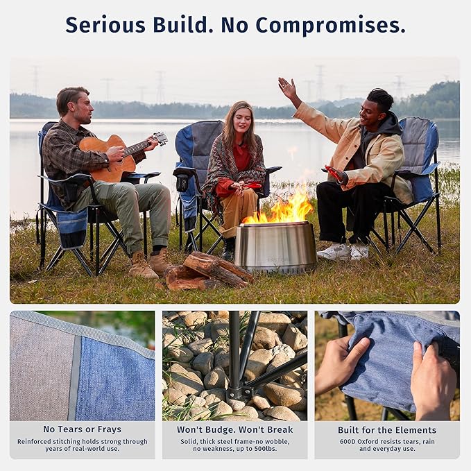East Oak Oversized Camping Chair | Heavy Duty Camping Chairs | 500LBS Support, 600D Oxford, Cup Holder & Side Pocket | Ideal for Camping, Beach, Sports Events| Blue&Grey