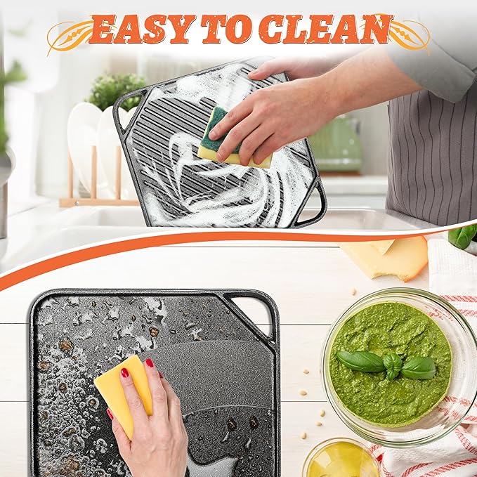 1-Piece 10.6 inch Cast Iron Griddle Plate | Reversible Square Cast Iron Grill Pan for Single burner| Double Sided Used on Open Fire & in Oven | Pre-Seasoned |Versatile Baking Griddle