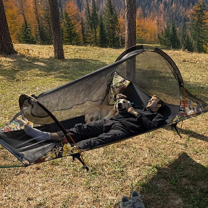 Night Cat Flat Lay Hammock Tent: Portable Lightweight Camping Hammock with Mosquito Net Waterproof Rainfly for 1 Person Outdoor Camping Camouflage
