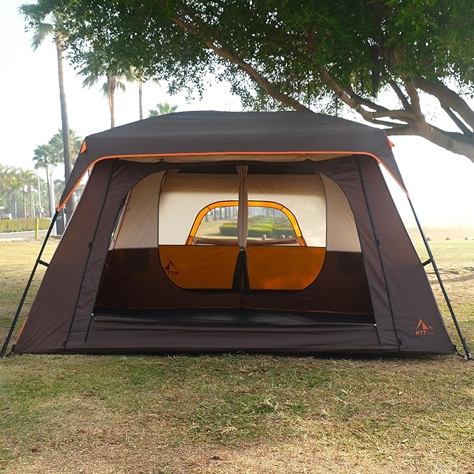 KTT Large Tent 8-10-12 Person,Family Cabin Tents,2 Rooms,2 Doors and 4 Windows with Mesh,Straight Wall,Waterproof,Double Layer,Big Tents for Outdoor,Picnic,Camping,Family Gathering