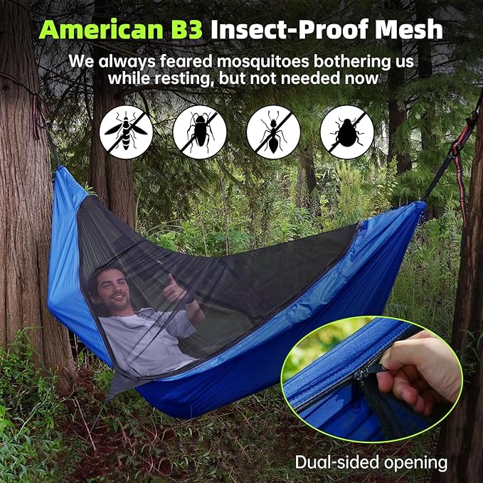 Camping Hammock with Mosquito Net – Portable Parachute Nylon Hammock Tent with Tree Straps, Camp Rope & Stake - for Hiking, Backpacking, Travel, Backyard, Beach – Holds Up to 500lbs (Blue)