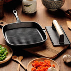 Cast Iron Grill Pan, 9.5 inch Square Grill Pan Skillet with Pour Spout, Cast Iron Griddle Pan with Small Meat Tong, Oil Brush & Hemp Rope for Stove Tops, Gas, Induction, Grill, Campfire, Oven Safe